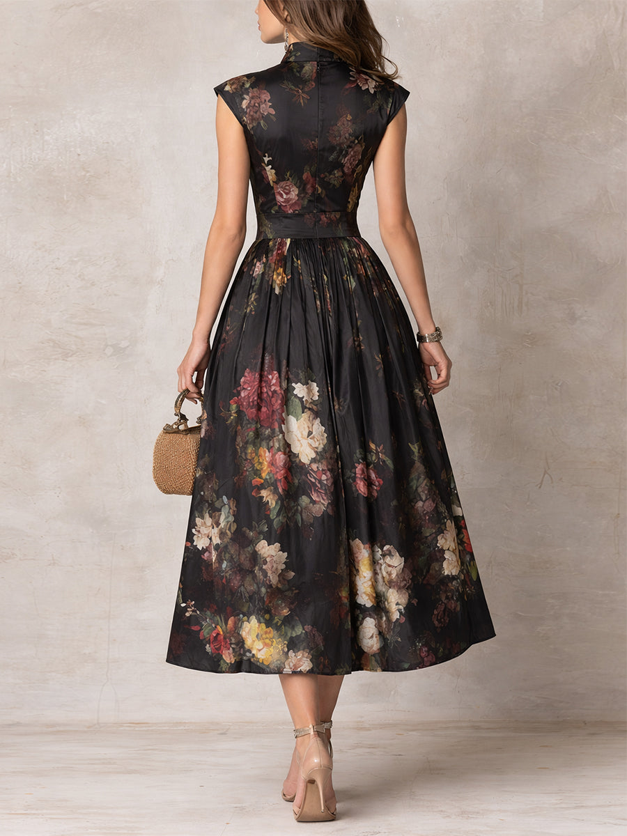Violette | Black pleated satin midi dress with floral print and teardrop neckline