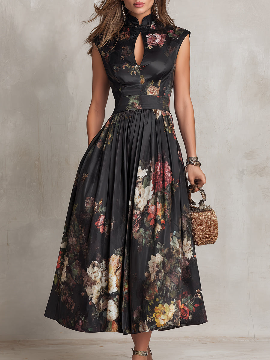 Violette | Black pleated satin midi dress with floral print and teardrop neckline