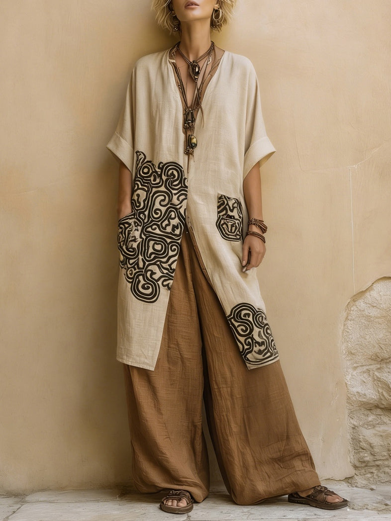 Juliette | Dark Gray and Brown Bohemian Nomad Three-Piece Set with Tribal Pattern