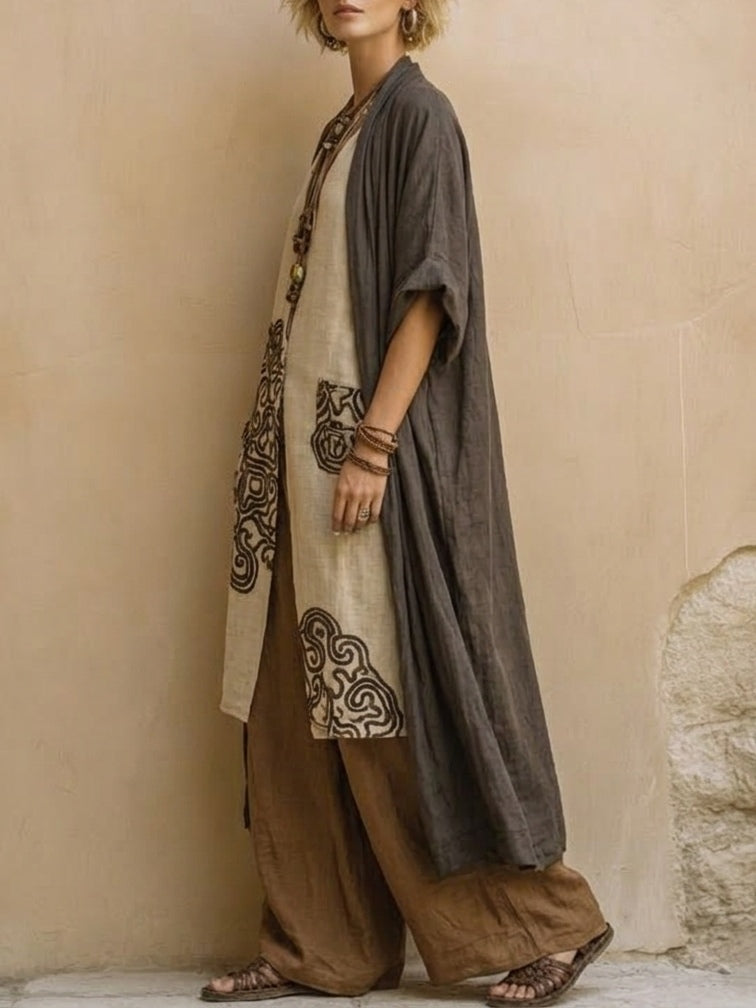 Juliette | Dark Gray and Brown Bohemian Nomad Three-Piece Set with Tribal Pattern