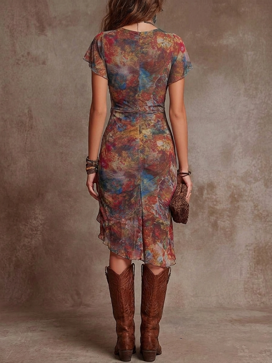 Martina | Bohemian-Style Abstract Art Print Pleated Midi Dress with V-Neck
