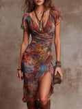 Martina | Bohemian-Style Abstract Art Print Pleated Midi Dress with V-Neck