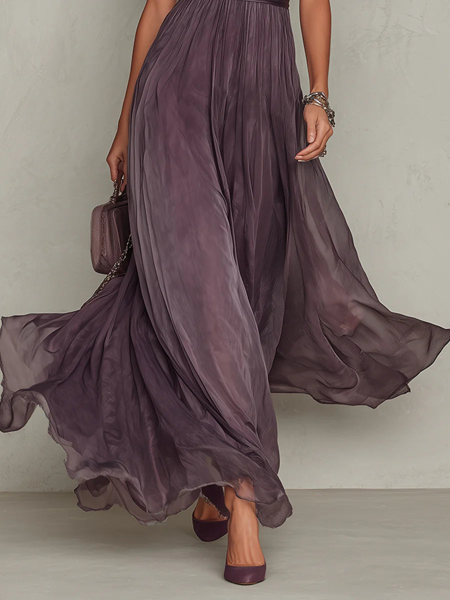 Zoey | Vestido maxi de chifón morado con cuello de olanes