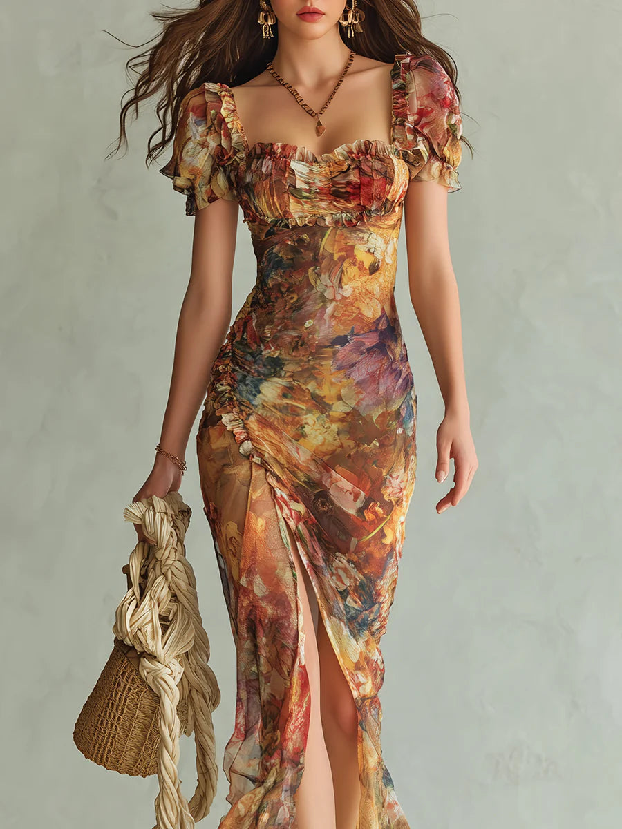 Violette | Bohemian-Style Orange Chiffon Maxi Dress with Oil-Painting Print