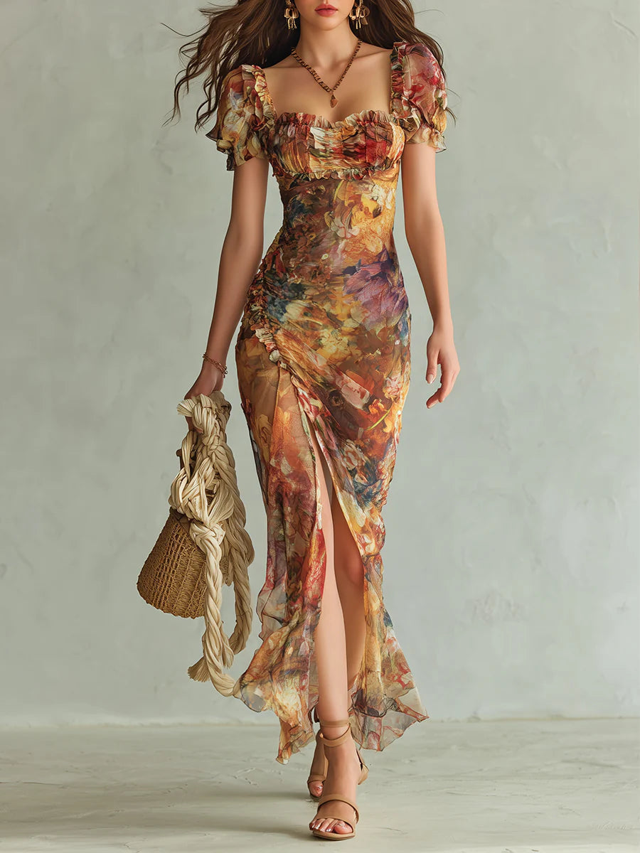 Violette | Bohemian-Style Orange Chiffon Maxi Dress with Oil-Painting Print