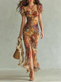 Violette | Bohemian-Style Orange Chiffon Maxi Dress with Oil-Painting Print