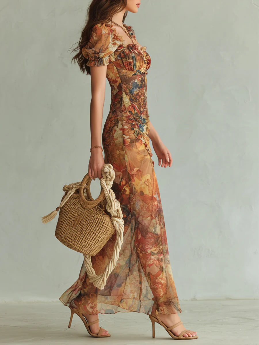 Violette | Bohemian-Style Orange Chiffon Maxi Dress with Oil-Painting Print