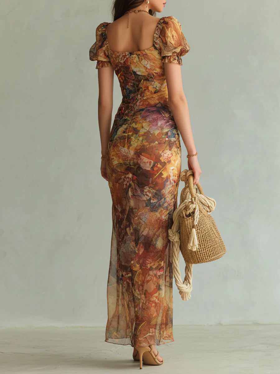 Violette | Bohemian-Style Orange Chiffon Maxi Dress with Oil-Painting Print