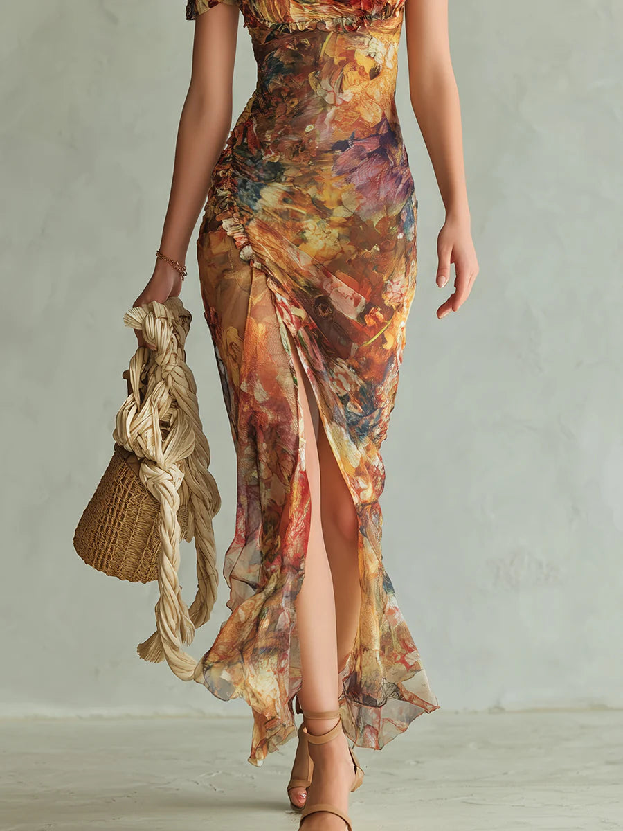Violette | Bohemian-Style Orange Chiffon Maxi Dress with Oil-Painting Print