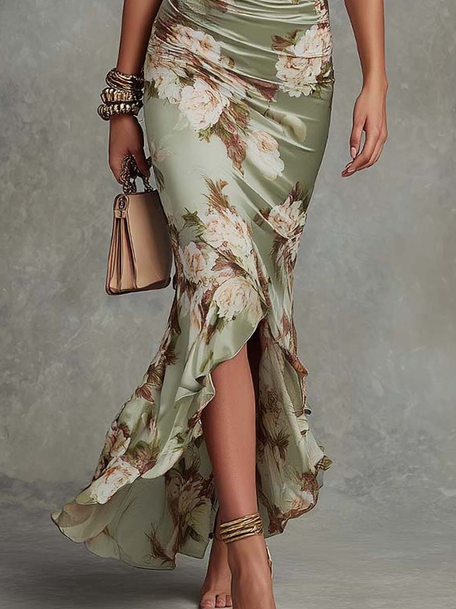Anne | Long Asymmetrical Green Satin Dress with V-Neck, Puff Sleeves and Floral Print