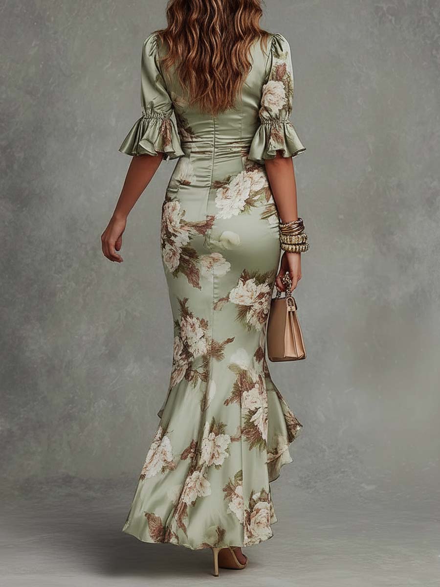 Anne | Green Floral Satin Asymmetric Maxi Dress with V-Neck and Puff Sleeves