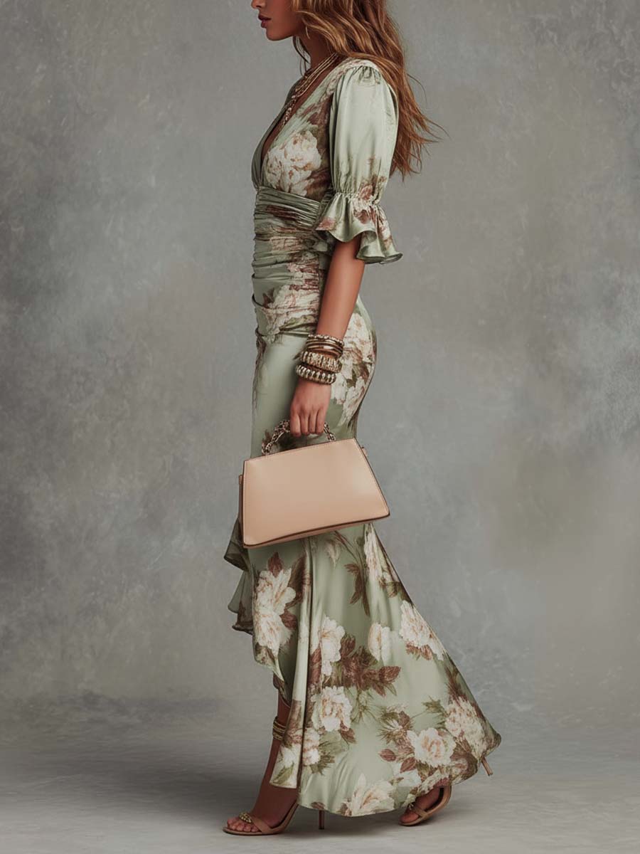 Anne | Long Asymmetrical Green Satin Dress with V-Neck, Puff Sleeves and Floral Print