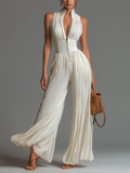 Léa | White Chiffon Sleeveless V-Neck Wide-Leg Jumpsuit