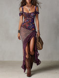Lys | Purple Urban-Nomad Leopard and Floral Maxi Dress with High Split