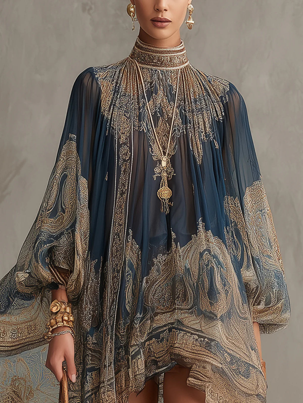 Francesca | Navy Blue Chiffon Mini Dress with Gold Baroque Print