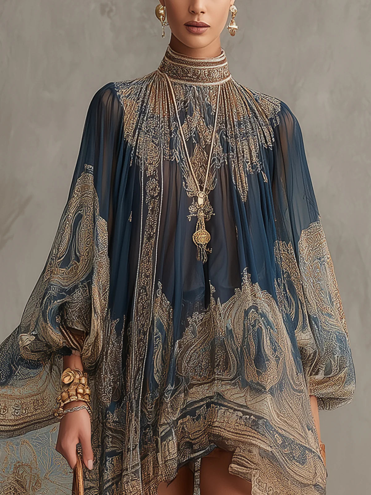 Francesca | Navy Blue Chiffon Mini Dress with Gold Baroque Print