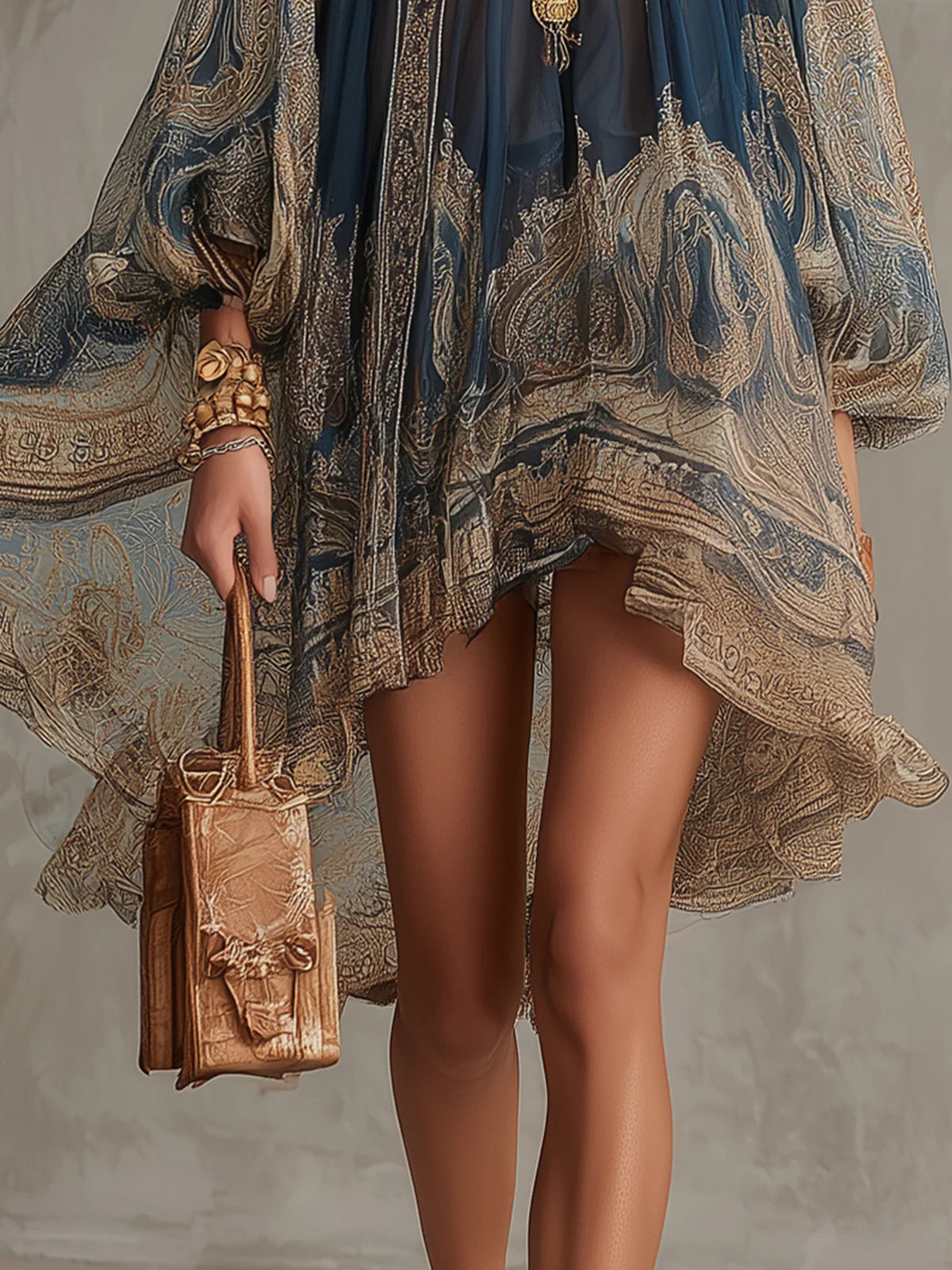 Francesca | Navy Blue Chiffon Mini Dress with Gold Baroque Print