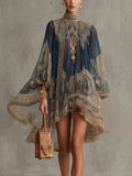 Francesca | Navy Blue Chiffon Mini Dress with Gold Baroque Print