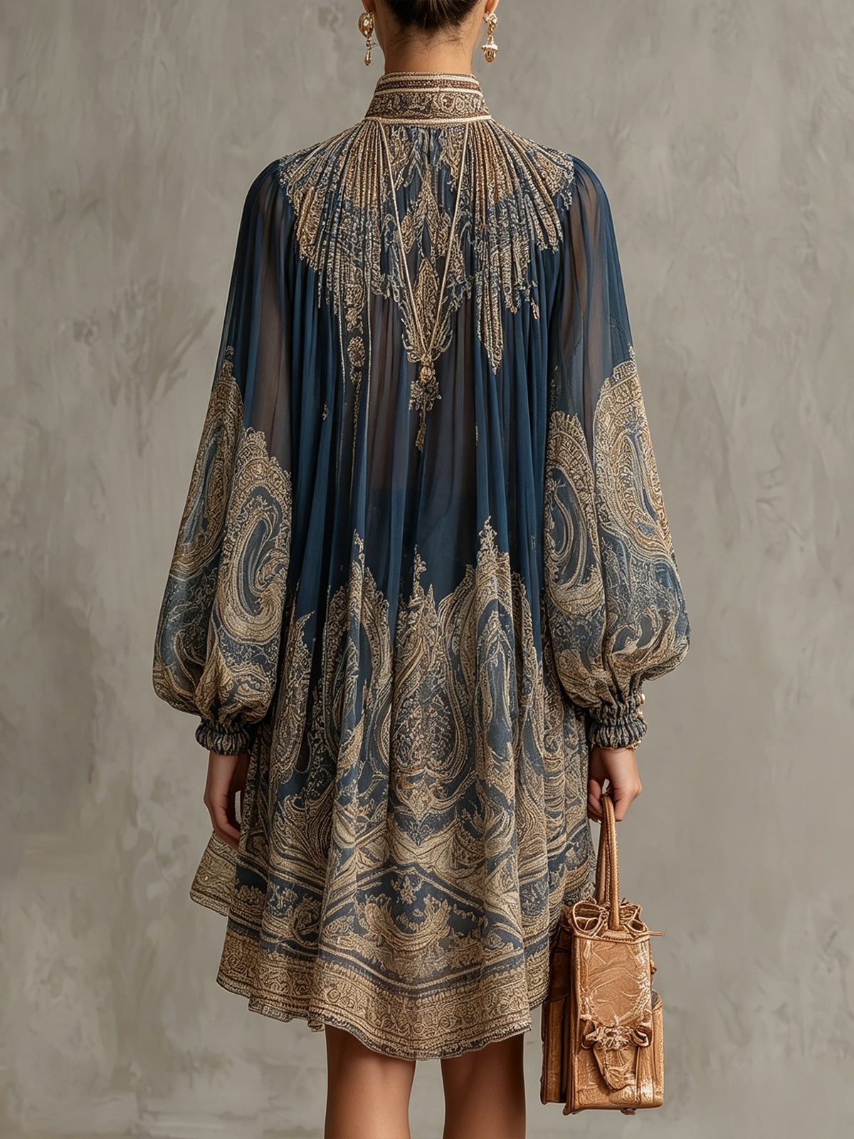 Francesca | Navy Blue Chiffon Mini Dress with Gold Baroque Print