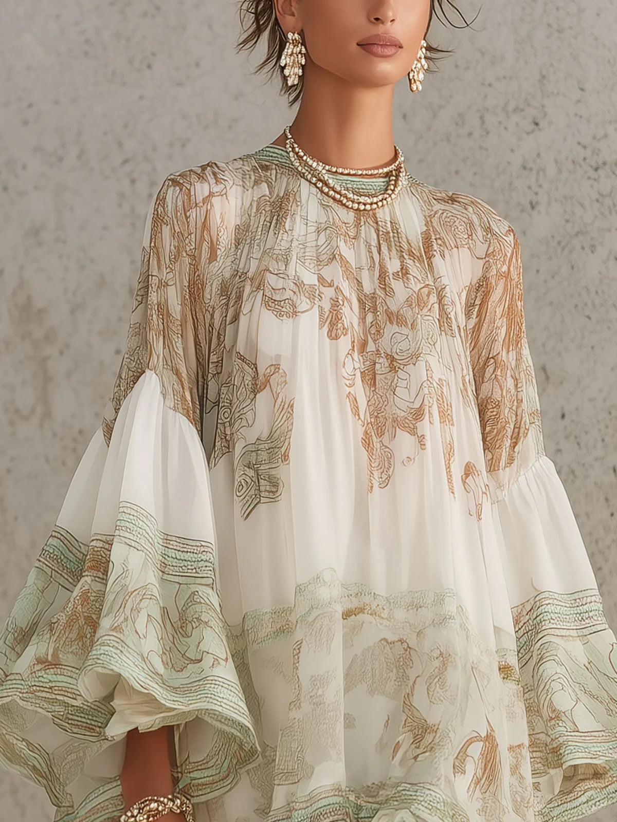 Solange | Green Asymmetric Chiffon Short Dress with Ruffles and Bell Sleeves
