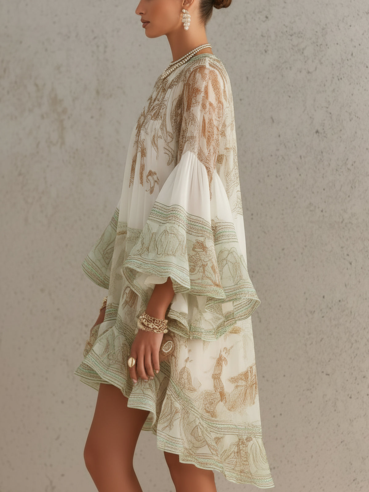 Solange | Green Asymmetric Chiffon Short Dress with Ruffles and Bell Sleeves