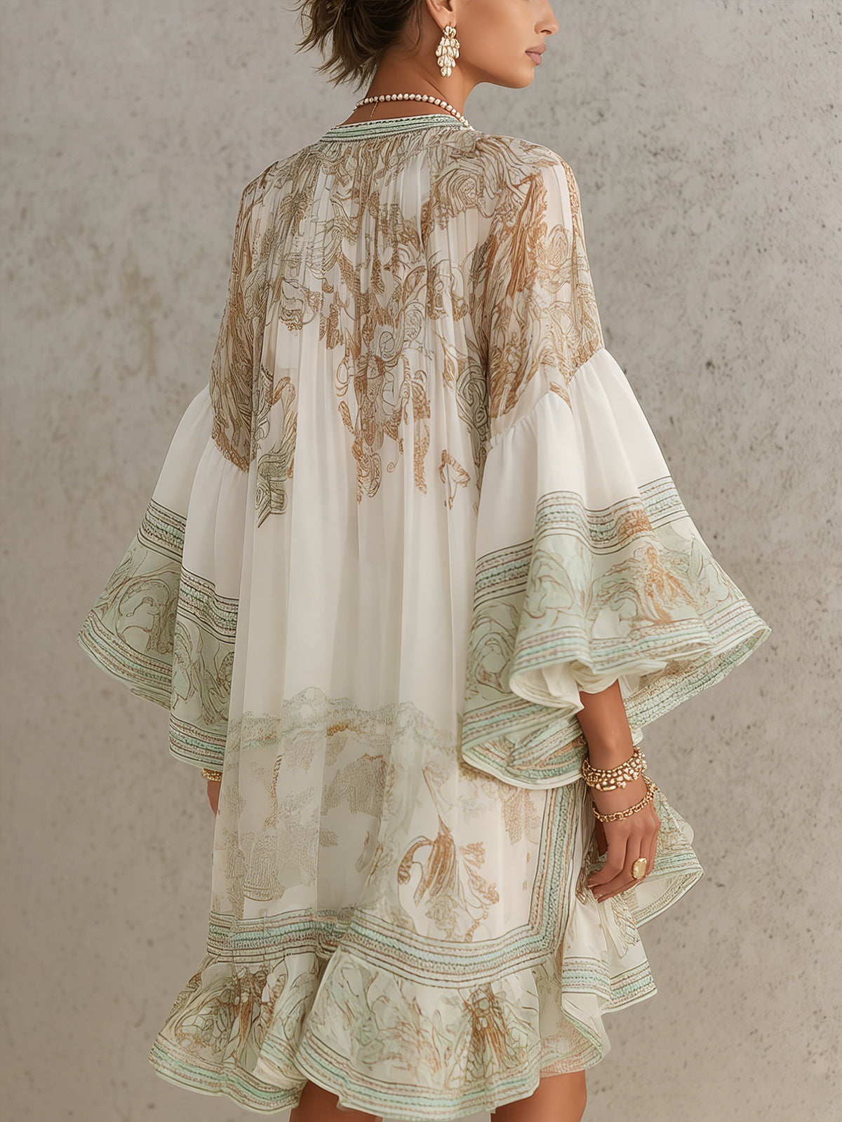 Solange | Green Asymmetric Chiffon Short Dress with Ruffles and Bell Sleeves