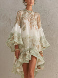 Solange | Green Asymmetric Chiffon Short Dress with Ruffles and Bell Sleeves