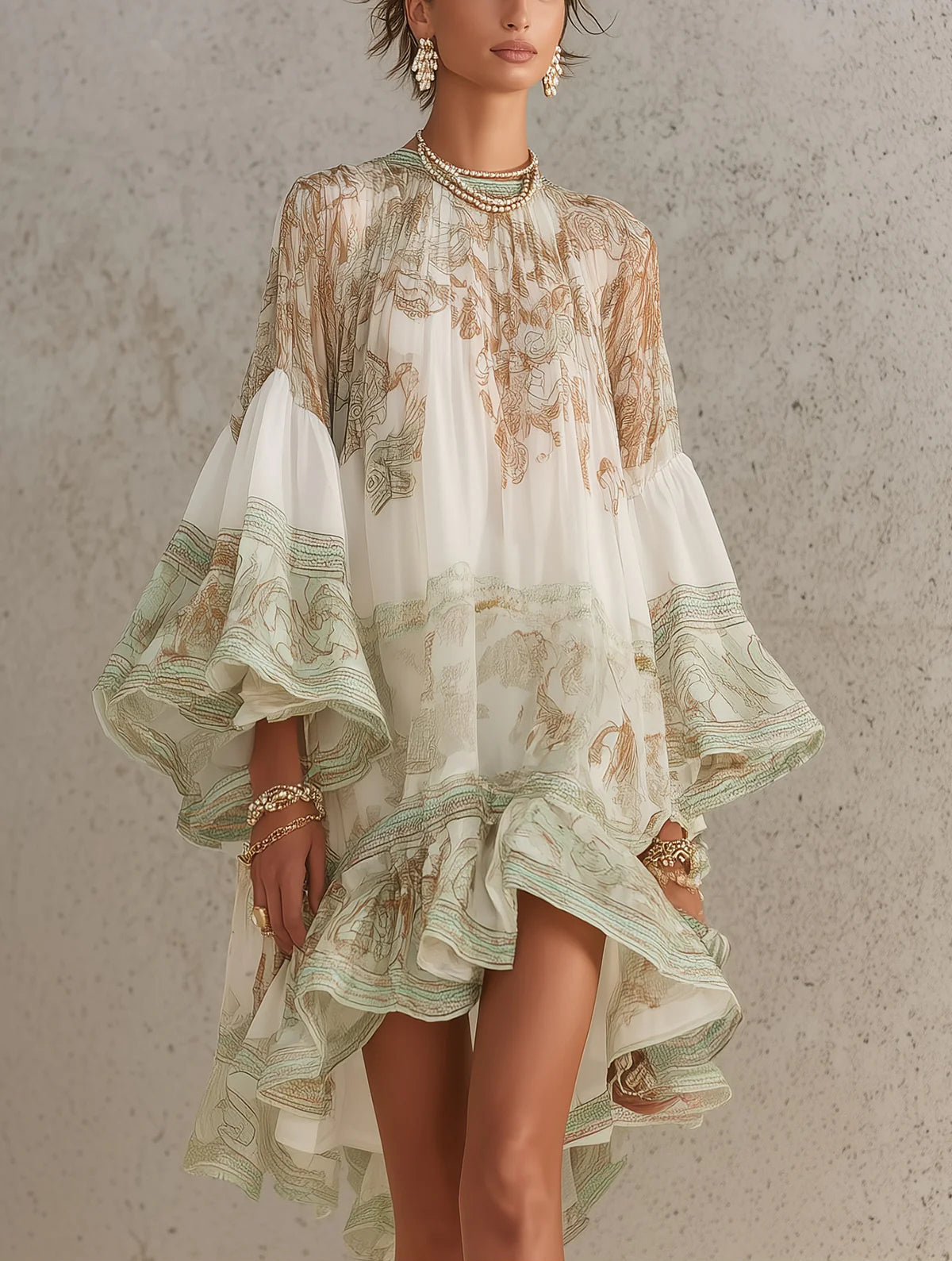 Solange | Green Asymmetric Chiffon Short Dress with Ruffles and Bell Sleeves