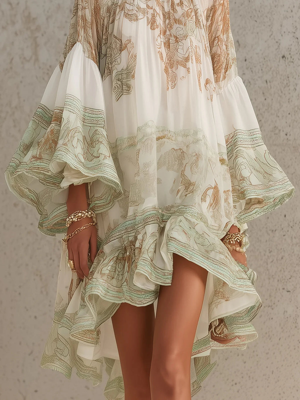 Solange | Green Asymmetric Chiffon Short Dress with Ruffles and Bell Sleeves