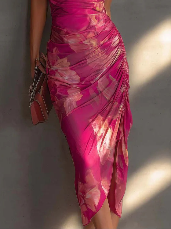 Mathilde | Fuchsia Floral Bodycon Dress with Side Ruching and Split