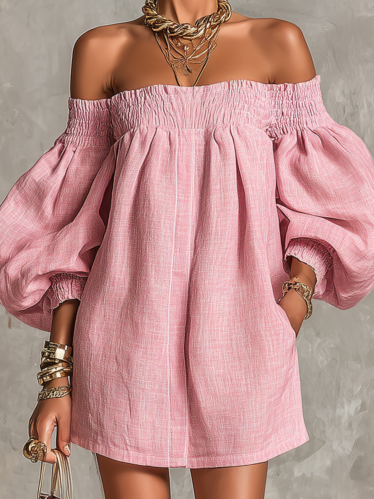 Rosabelle | Pink Off-Shoulder A-Line Mini Dress with Lantern Sleeves