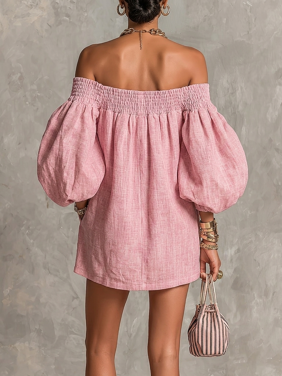 Rosabelle | Pink Off-Shoulder A-Line Mini Dress with Lantern Sleeves