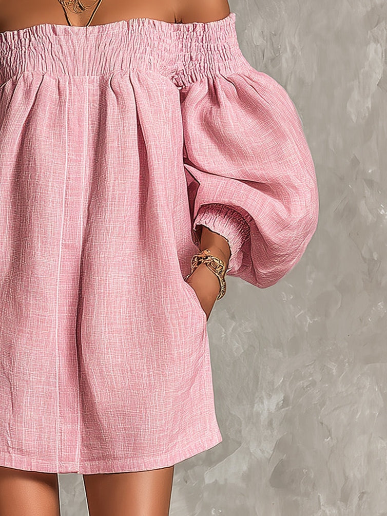 Rosabelle | Pink Off-Shoulder A-Line Mini Dress with Lantern Sleeves