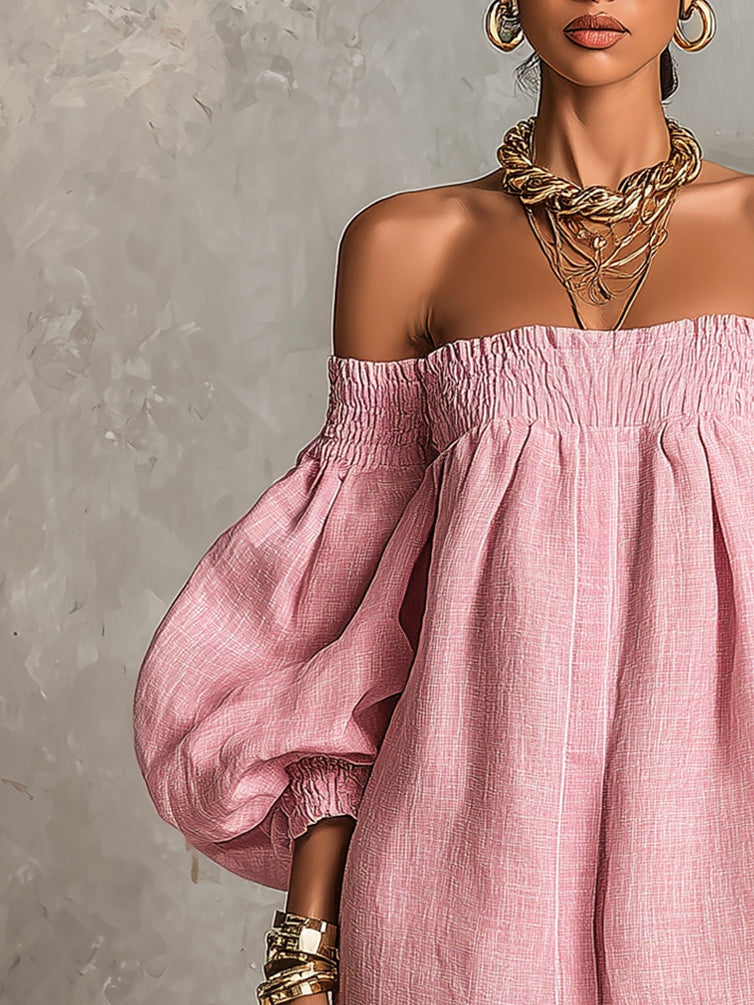 Rosabelle | Pink Off-Shoulder A-Line Mini Dress with Lantern Sleeves