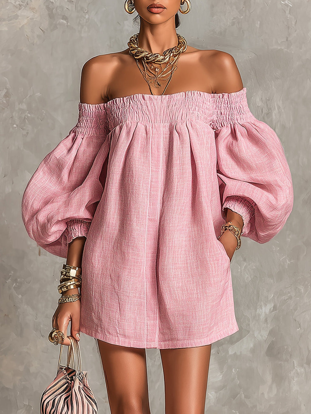 Rosabelle | Pink Off-Shoulder A-Line Mini Dress with Lantern Sleeves