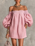 Rosabelle | Pink Off-Shoulder A-Line Mini Dress with Lantern Sleeves