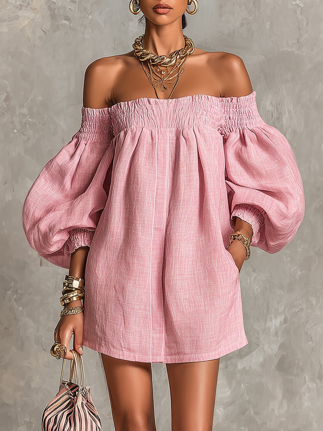 Rosabelle | Pink Off-Shoulder A-Line Mini Dress with Lantern Sleeves