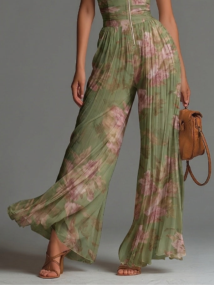 Charlotte | Green Floral Pleated Flowy Jumpsuit