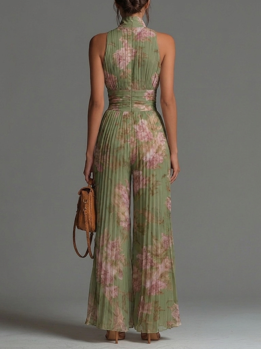 Charlotte | Green Floral Pleated Flowy Jumpsuit