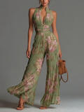 Charlotte | Green Floral Pleated Flowy Jumpsuit