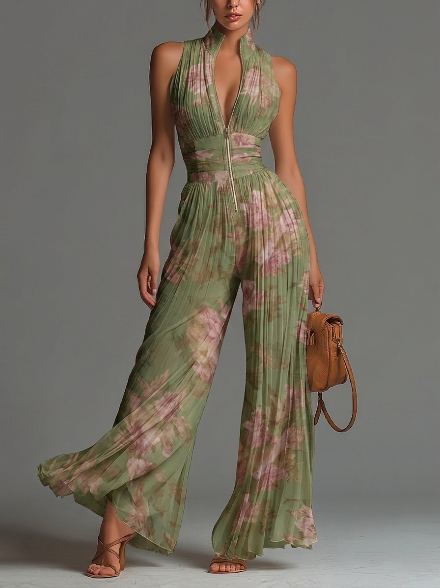 Charlotte | Green Floral Pleated Flowy Jumpsuit