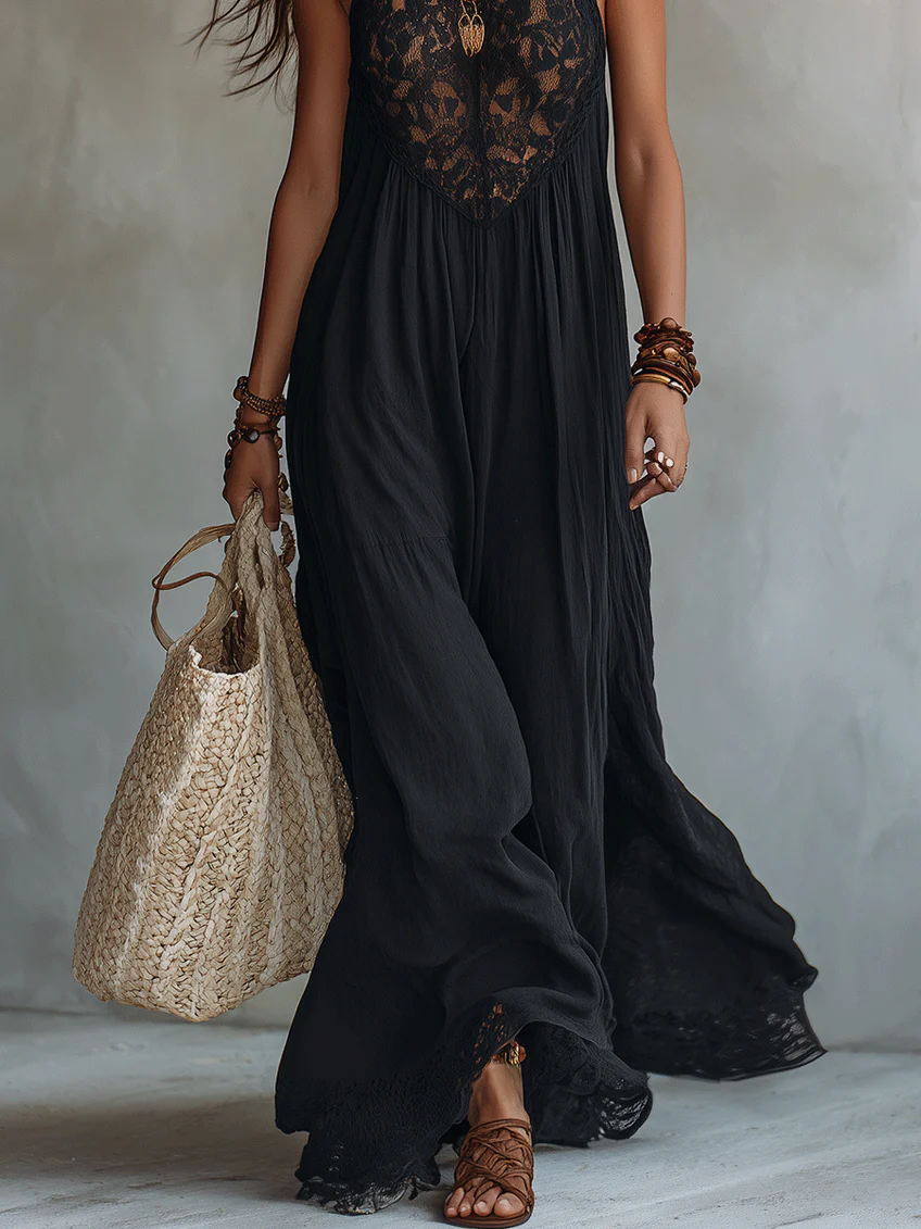 Philomène | Black Lace Halter Maxi Dress