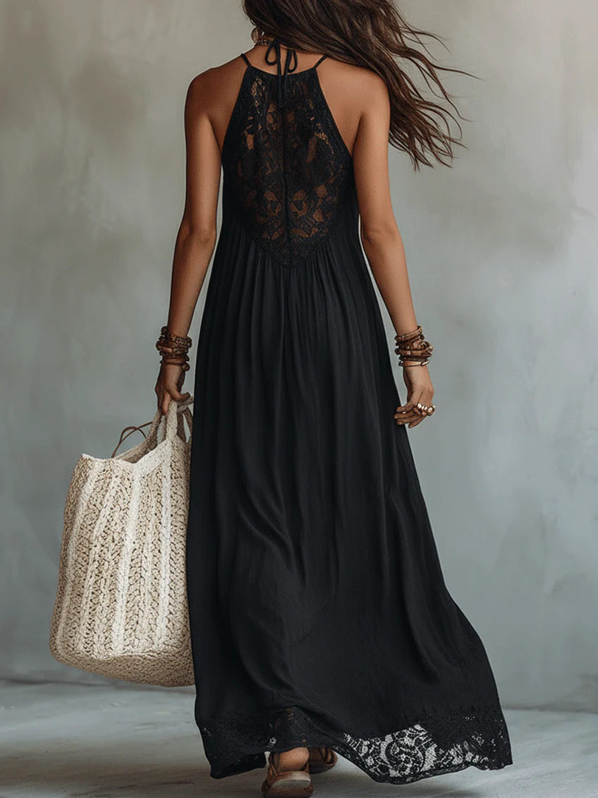Philomène | Black Lace Halter Maxi Dress