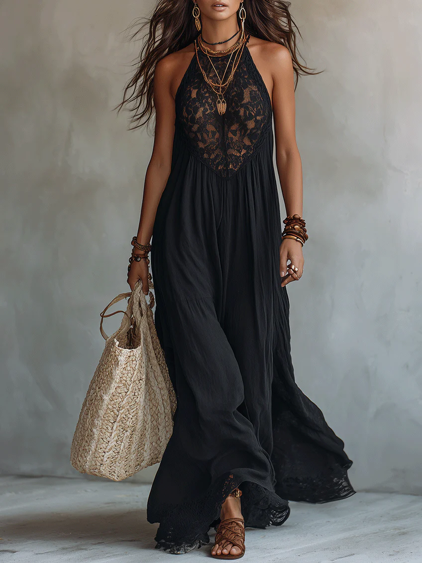 Philomène | Black Lace Halter Maxi Dress