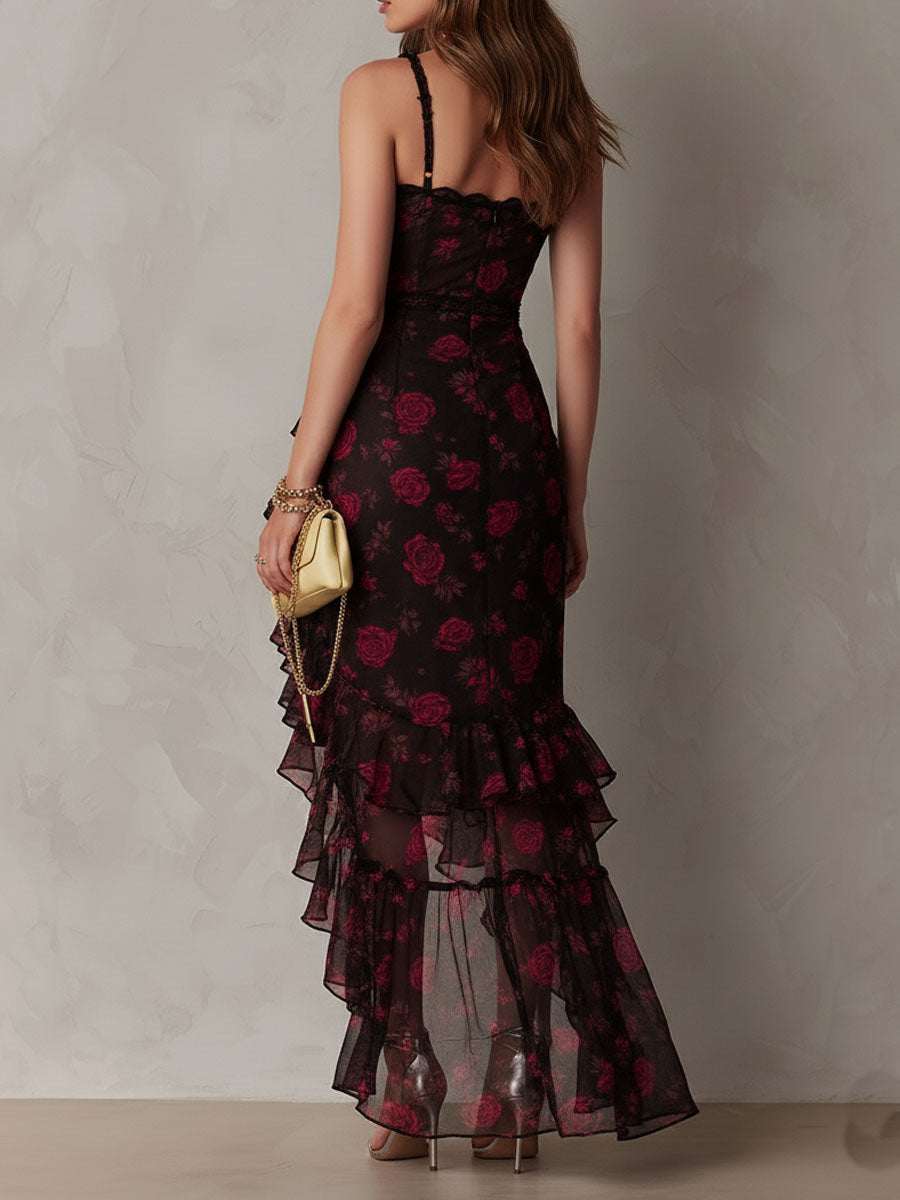 Edith | Black and Red Floral Ruched Short Dress with Ruffle Hem