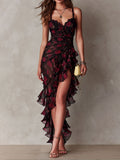 Edith | Black and Red Floral Ruched Short Dress with Ruffle Hem