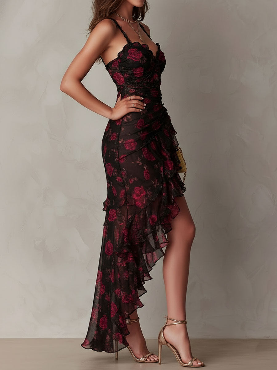 Edith | Black and Red Floral Ruched Short Dress with Ruffle Hem