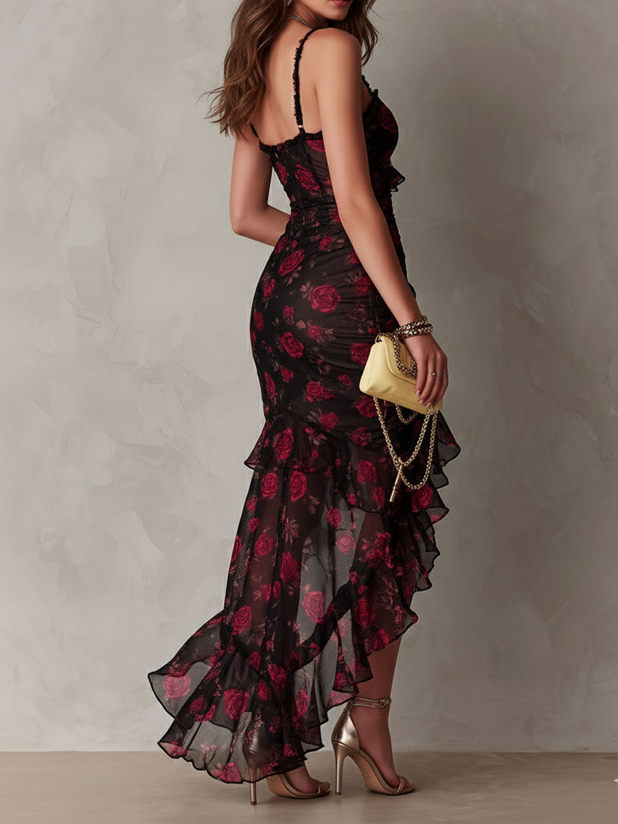 Edith | Black and Red Floral Ruched Short Dress with Ruffle Hem