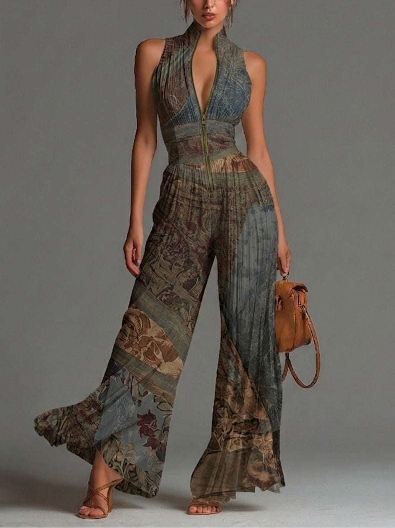 Camille | Boho Print Pleated Flowy Jumpsuit