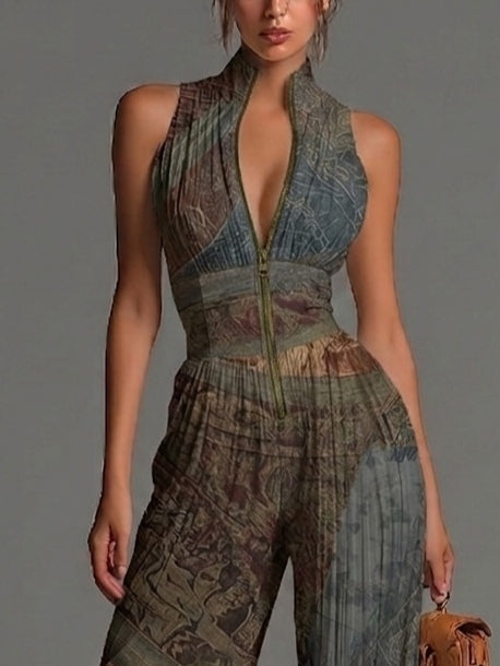 Camille | Boho Print Pleated Flowy Jumpsuit